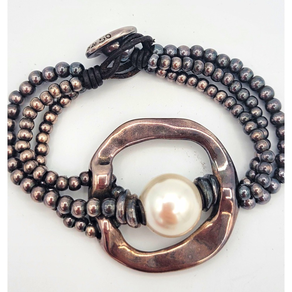 UNOde50 Signed Adjustable Silver/Black Beaded Wrap Bracelet w/White Pearl Toggle